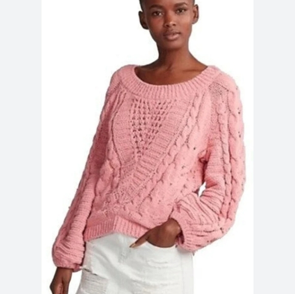 EXPRESS Cable Knit Lace Detail Bell Sleeve Sweater In Mauve Pink. Size Small NWT - Picture 3 of 14